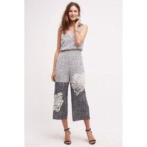 Ranna Gill Anthropolgie Striped Embroidered Floral Cropped Jumpsuit Medium